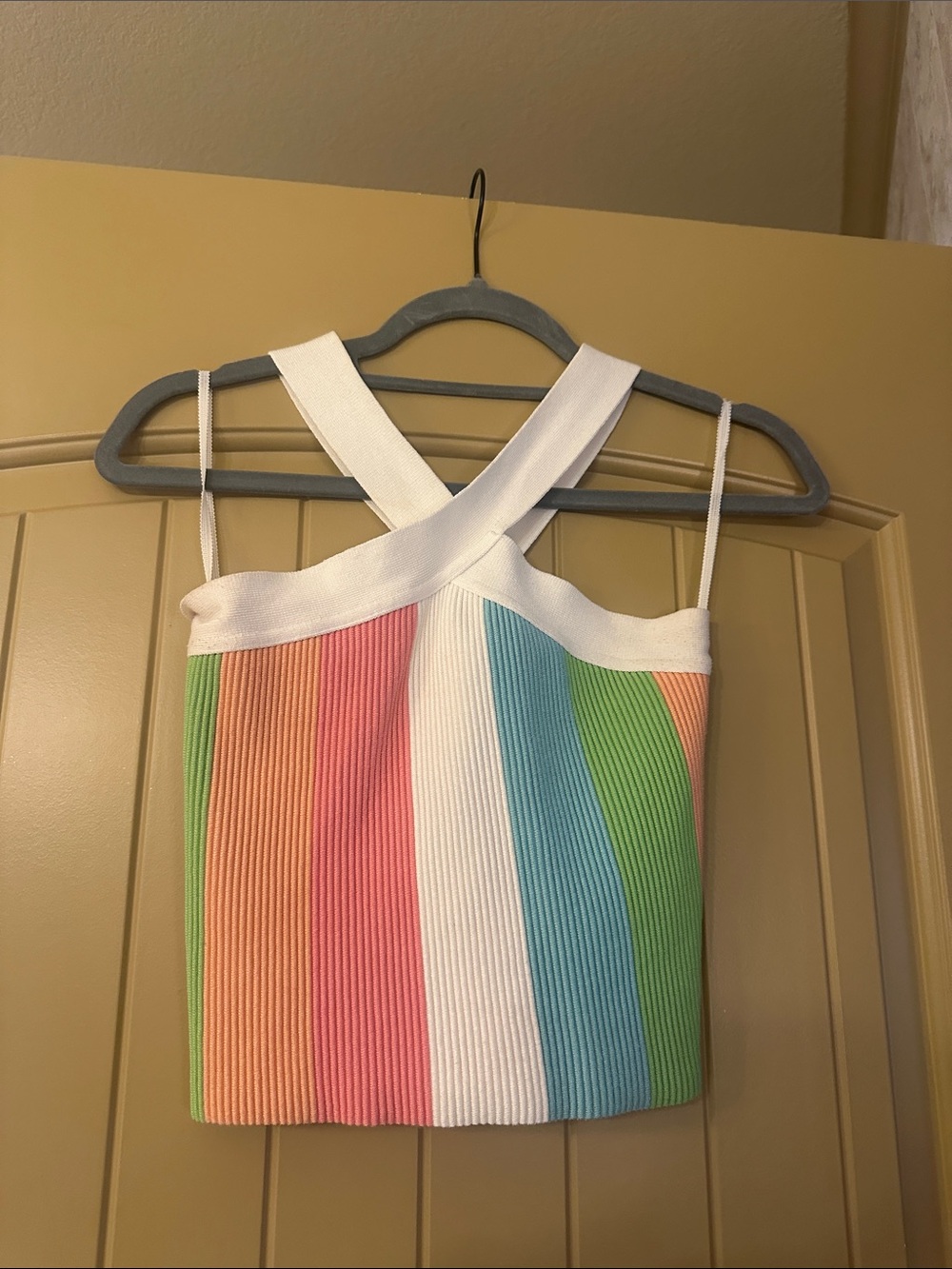 White-Trim Multi-Color Ribbed Cropped Tank Top